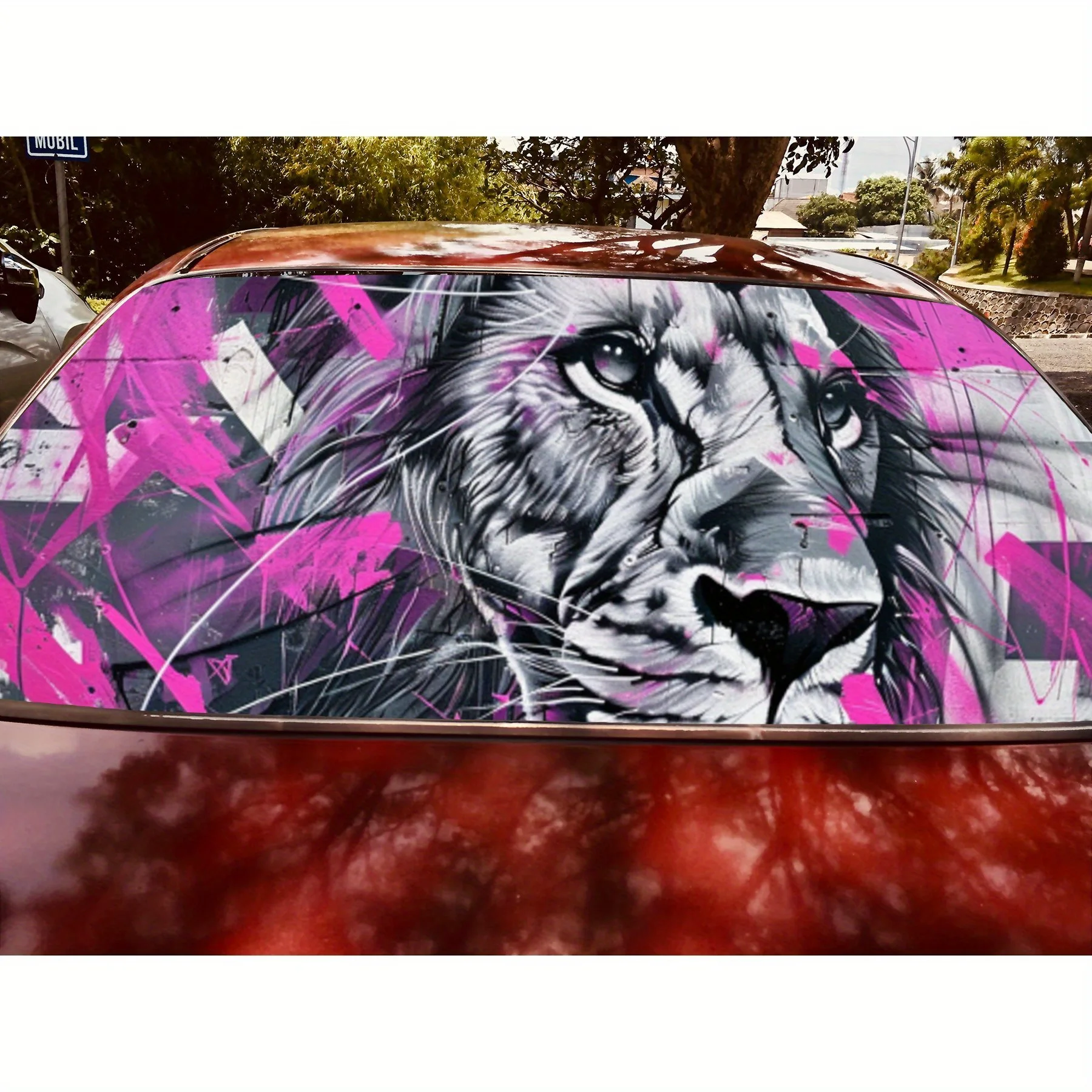 Cyber Pink Graffiti - أغطية فينيل للسيارة مثقوبة من مادة PVC على شكل أسد، ملصق متين للزجاج الأمامي الخلفي للسيارة، مظهر خلفي للسيارة مقاوم للماء