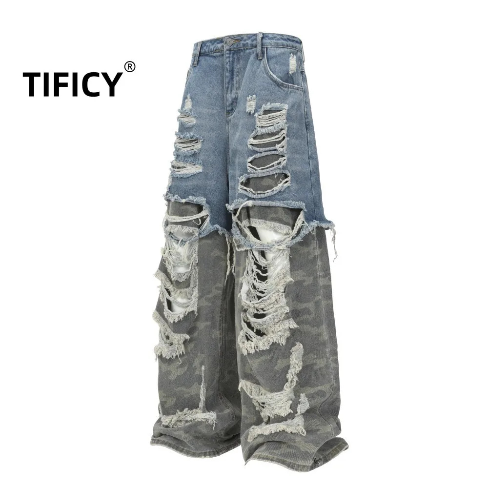 

High Street Heavy Industry Piercing Splicing Jeans Pants Men's Camouflage Wide Leg Floor Pants Retro Hairy Workwear Pants