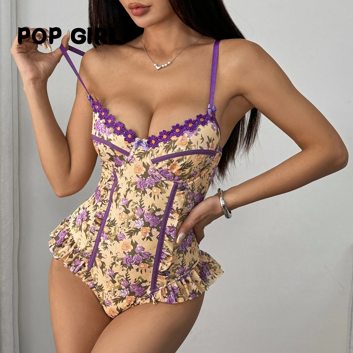 

Сексуальный цельный купальник-бандо с цветочным принтом, женский цельный купальник с высокой талией и стальным кольцом, трансграничные прямые брюки