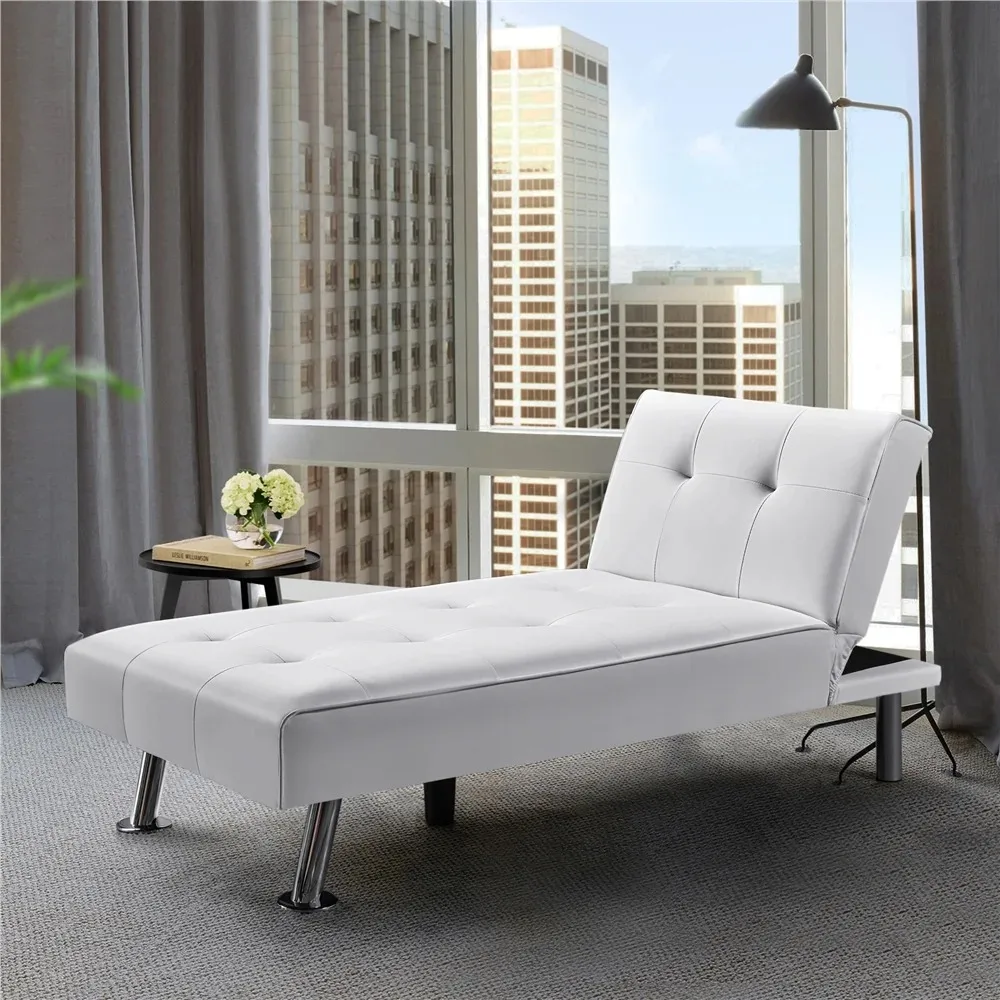 Convertible Faux Leather Futon Chaise Lounge, White，Fabric，Artificial leather，Rugged