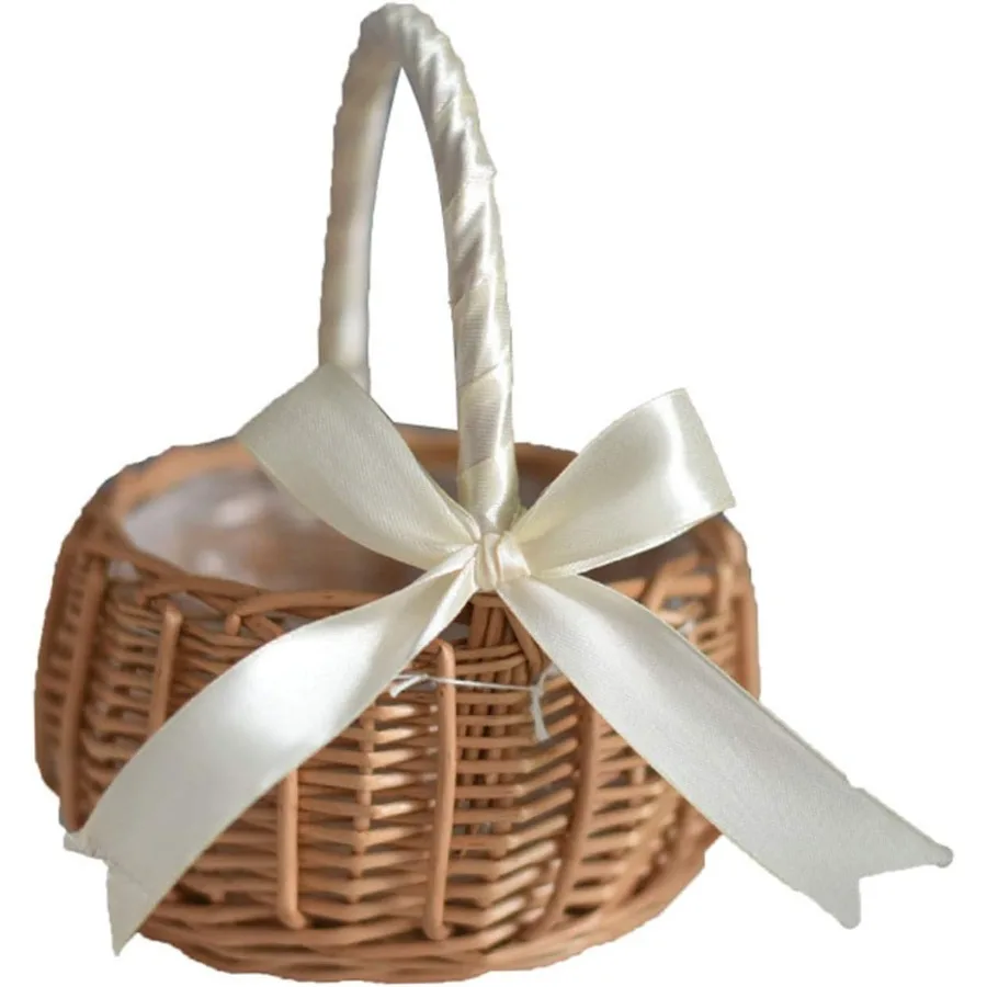 الخوص الروطان سلة للزهور الزفاف زهرة فتاة سلال الصفصاف سلة منسوجة يدويا مع مقابض وإدراج البلاستيك المنسوجة البيض Cand