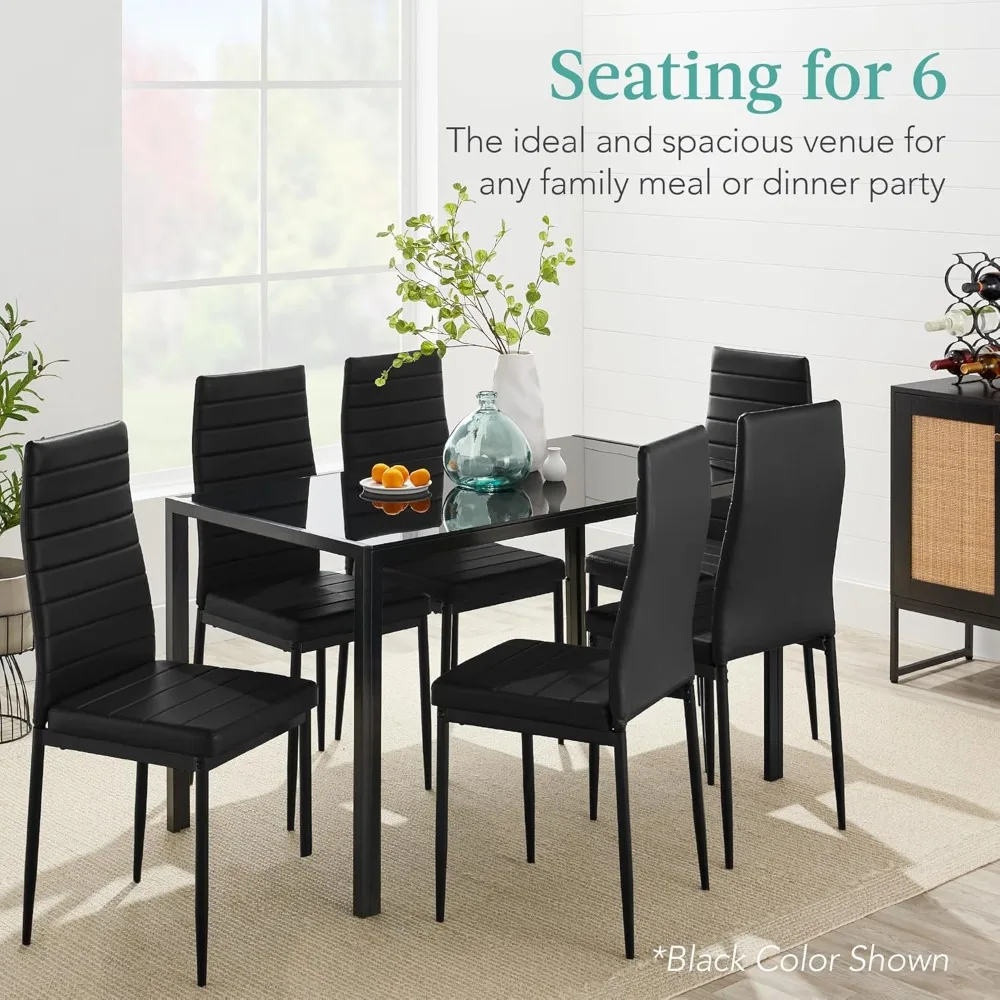 7-Piece Glass Dining Set, Modern Kitchen Table Furniture for Dining Room, Dinette, Compact Space-Saving w/Glass Tabletop