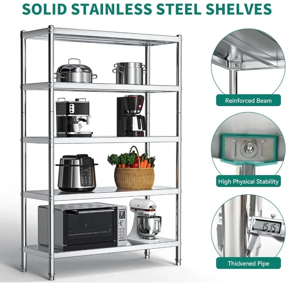 Stainless Steel Shelves, 5 Tier Storage Shelf, Heavy Duty Shelving for Kitchen Garage Office Restaurant Warehouse