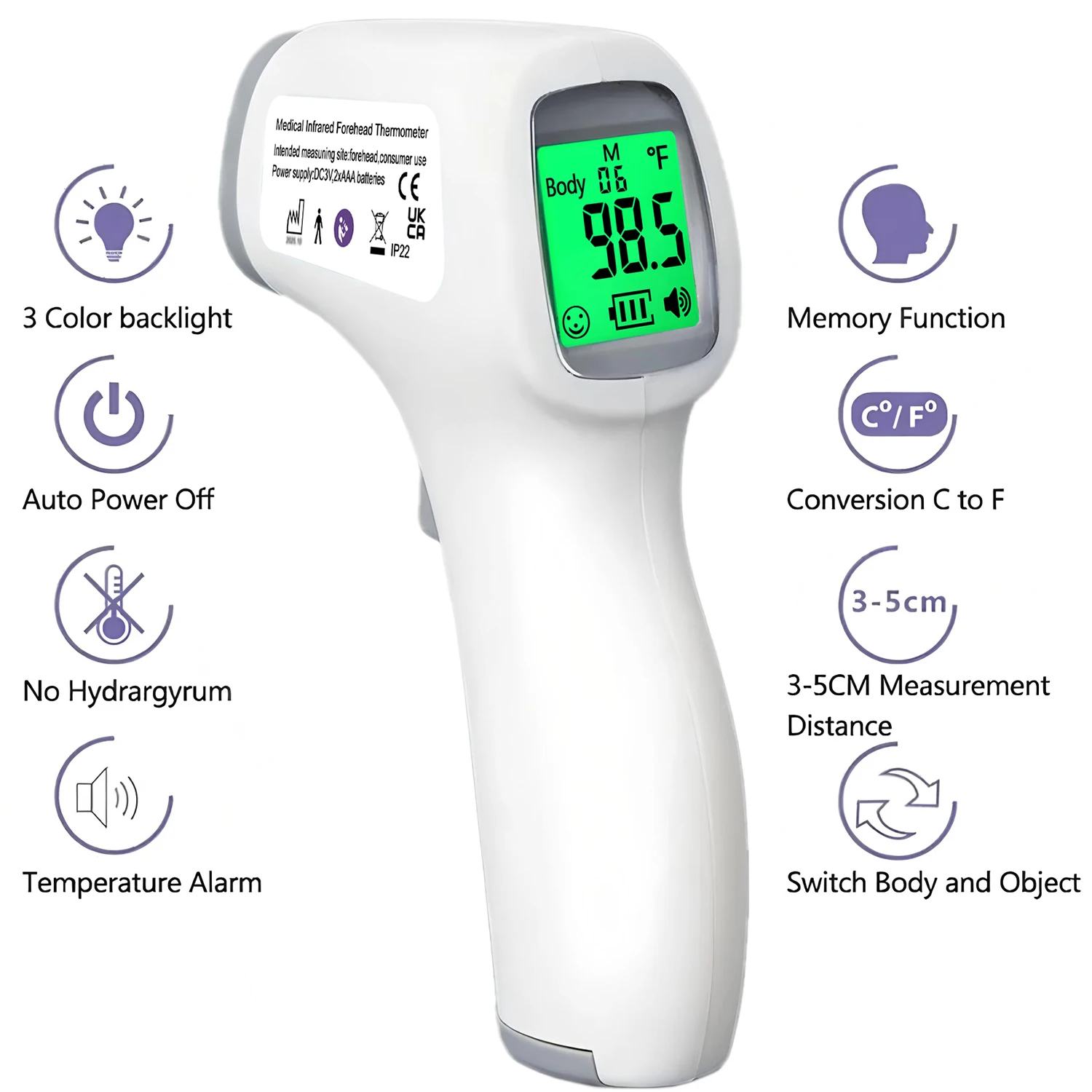 Thermomètre corporel sans contact, affichage numérique tricolore, thermomètre frontal, outil de mesure de la fièvre infrarouge pour adultes et enfants