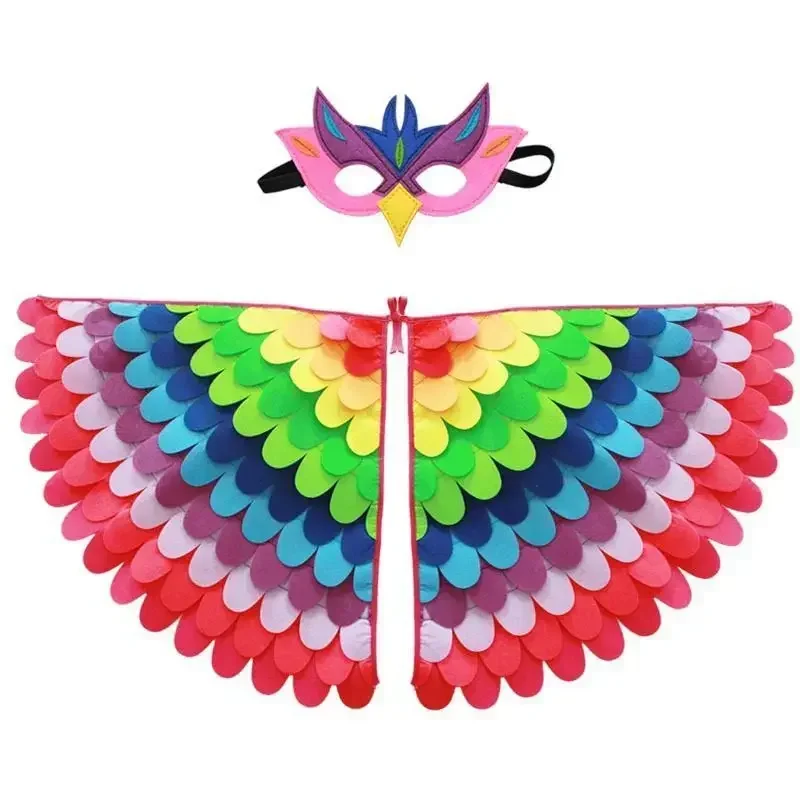 Kids Cosplay colorful Costume Stage Performance Owl Peacock Wings Bird Felt Cape with Mask for Girls Boys Halloween Party Cloak