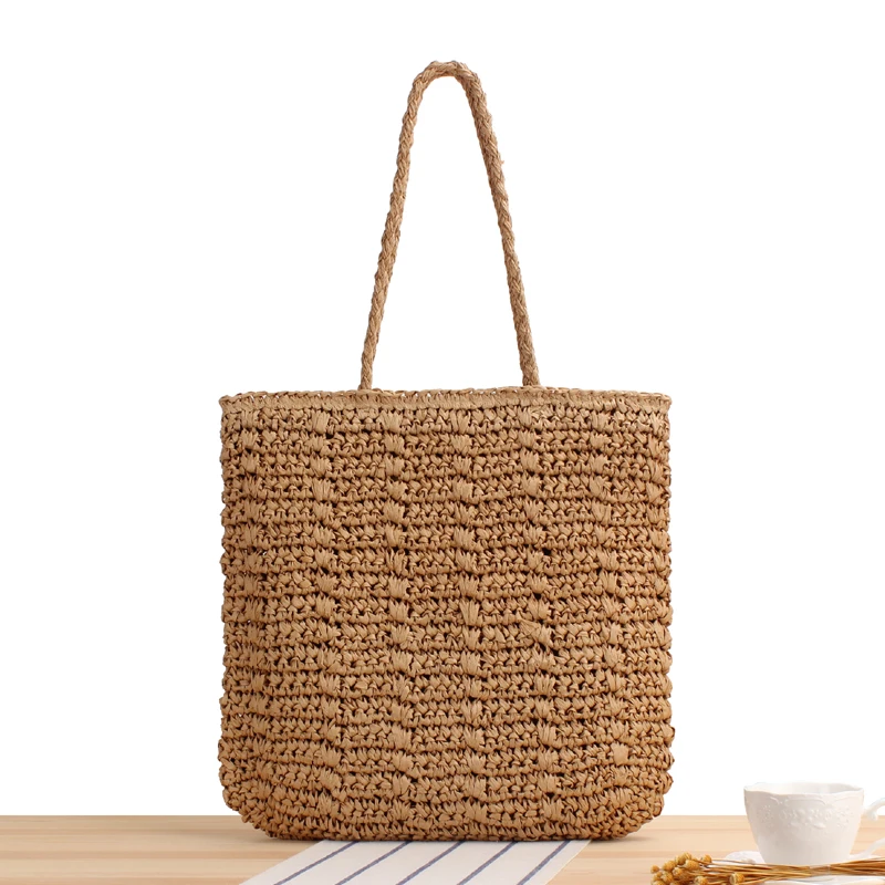 

Summer Vintage Paper Rope Woven oulder Bag Vertical Leisure Women's Bag American Retro Sle Soft Fabric Zipper Closure Lar...