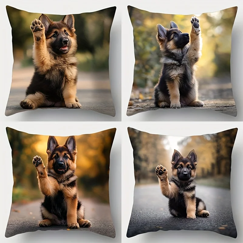 4 Stück deutscher Schäferhund-Welpen-Kissenbezüge, 45 x 45 cm, doppelseitig bedruckt, niedliche Hundekissenbezüge, Tierliebhaber-Heimdekoration, ohne Einlage