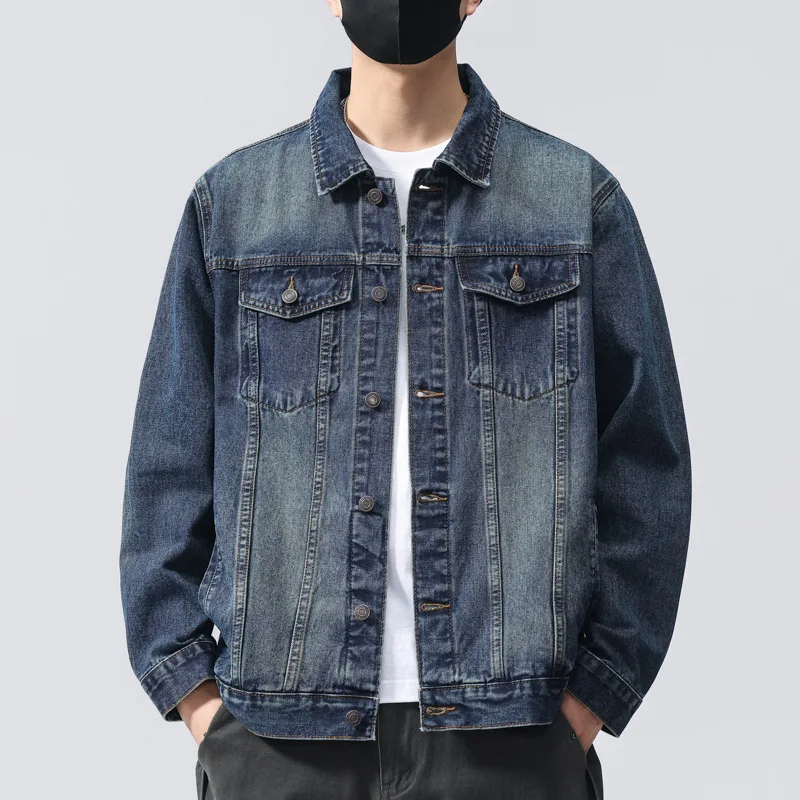

Mens Solid Color Casual Trendy Simple Basic Loose Turn-down Collar Long Sleeve Single-breasted Denim Coats Male Jean Jackets
