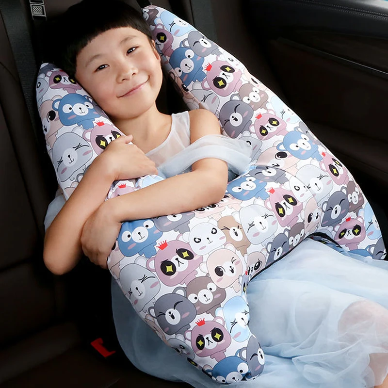 Cojín de viaje con patrón de animales para niños, soporte para la cabeza y el cuello en forma de U, almohada de seguridad para asiento de coche