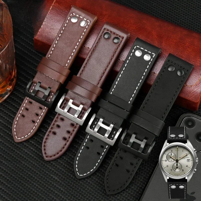 For Hamilton Watch Strap Genuine Leather Cowhide Steel Special Buckle Men\'s Khaki Jazz Eternal 20 22mm Double Hole Watchband