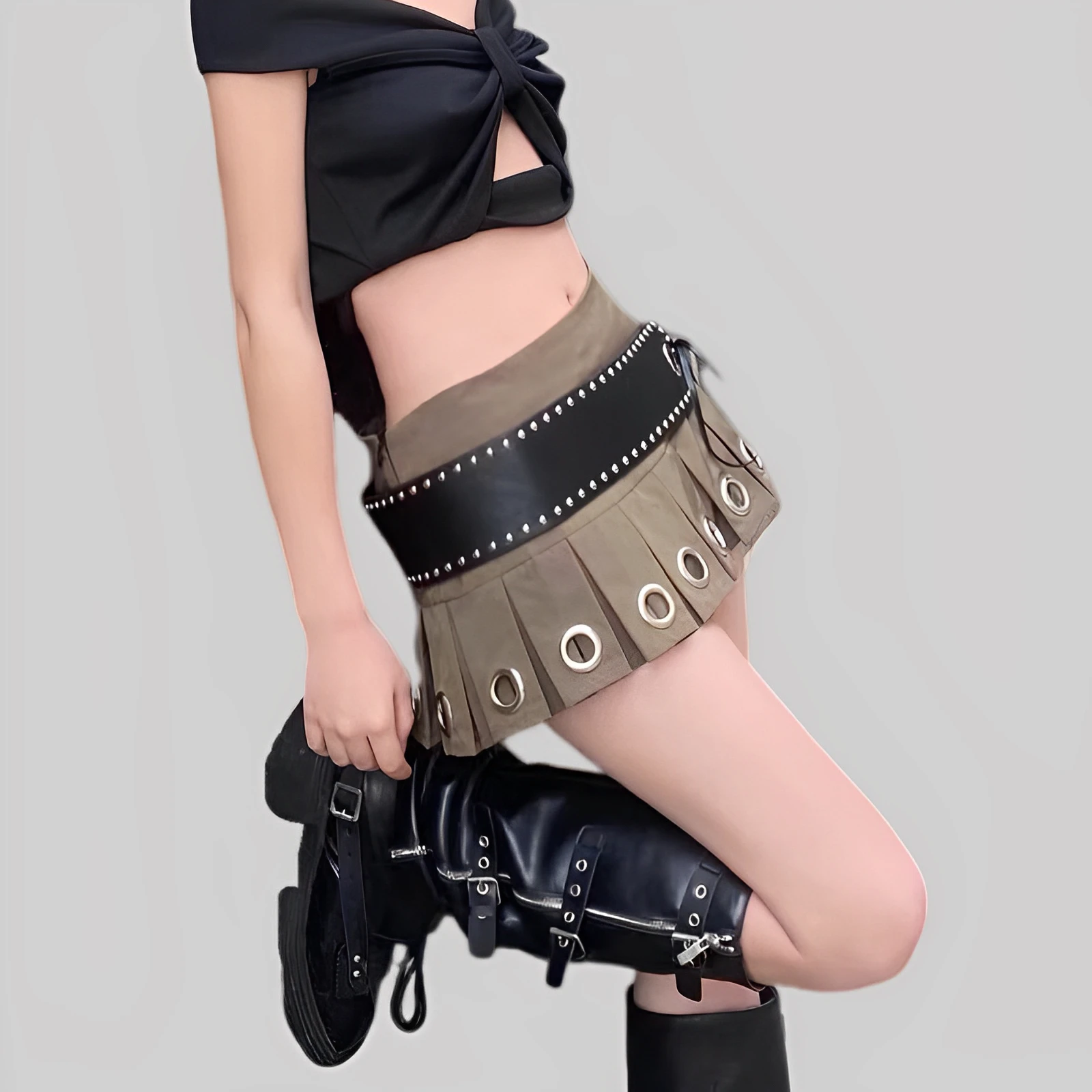 Women's Skirt American-Style Retro Low Waist Spring and Autumn Versatile Slim Slimming Pleated Dark Green with Belt Decoration fsle retro denim blue women mini skirts high waist pocket decoration short denim pleated skirt 74 1% cotton spice girl skirt