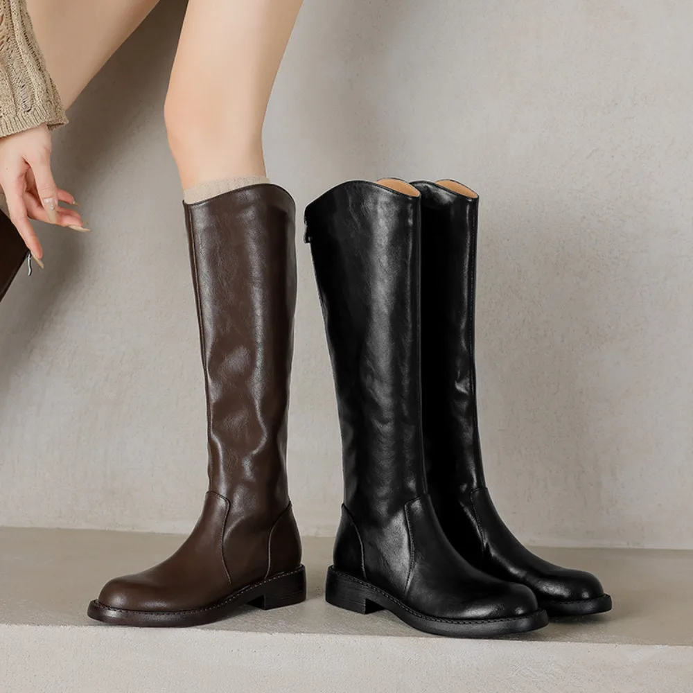 

Fashion Women's Knee High Boots Western Snow Boots Slim Slip On Round Toe Wide-leg V-port Winter Long Riding Boots Zip