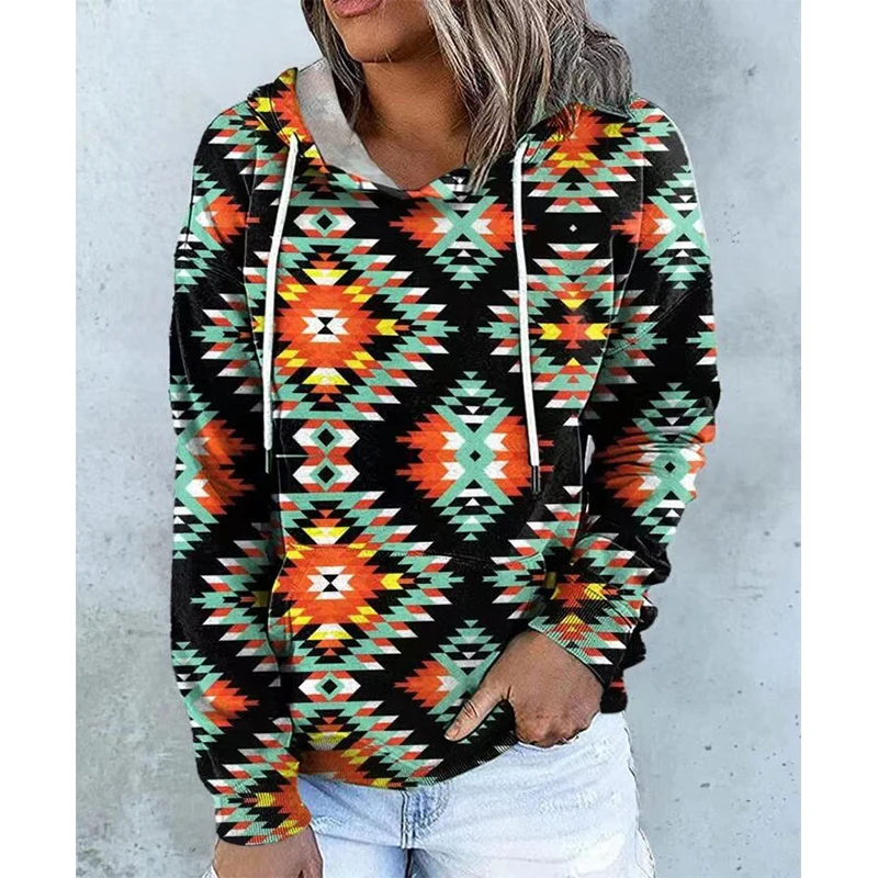 Aztec Western Hoodies Ethnic Style 3D Print Women Retro Streetwear Oversized Pullovers Hoodie Hooded Sweatshirts Woman Clothing