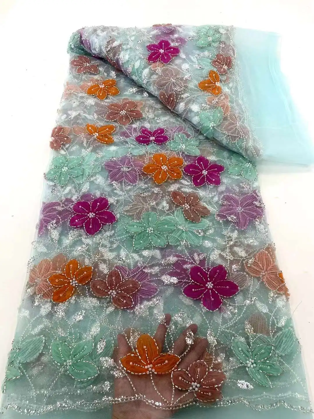 

2024 Elegant Heavy Beaded Sequins Lace Fabric With Bead Sequins Nigerian Embroidery Mesh Lace Fabric For Wedding Dresses Xc