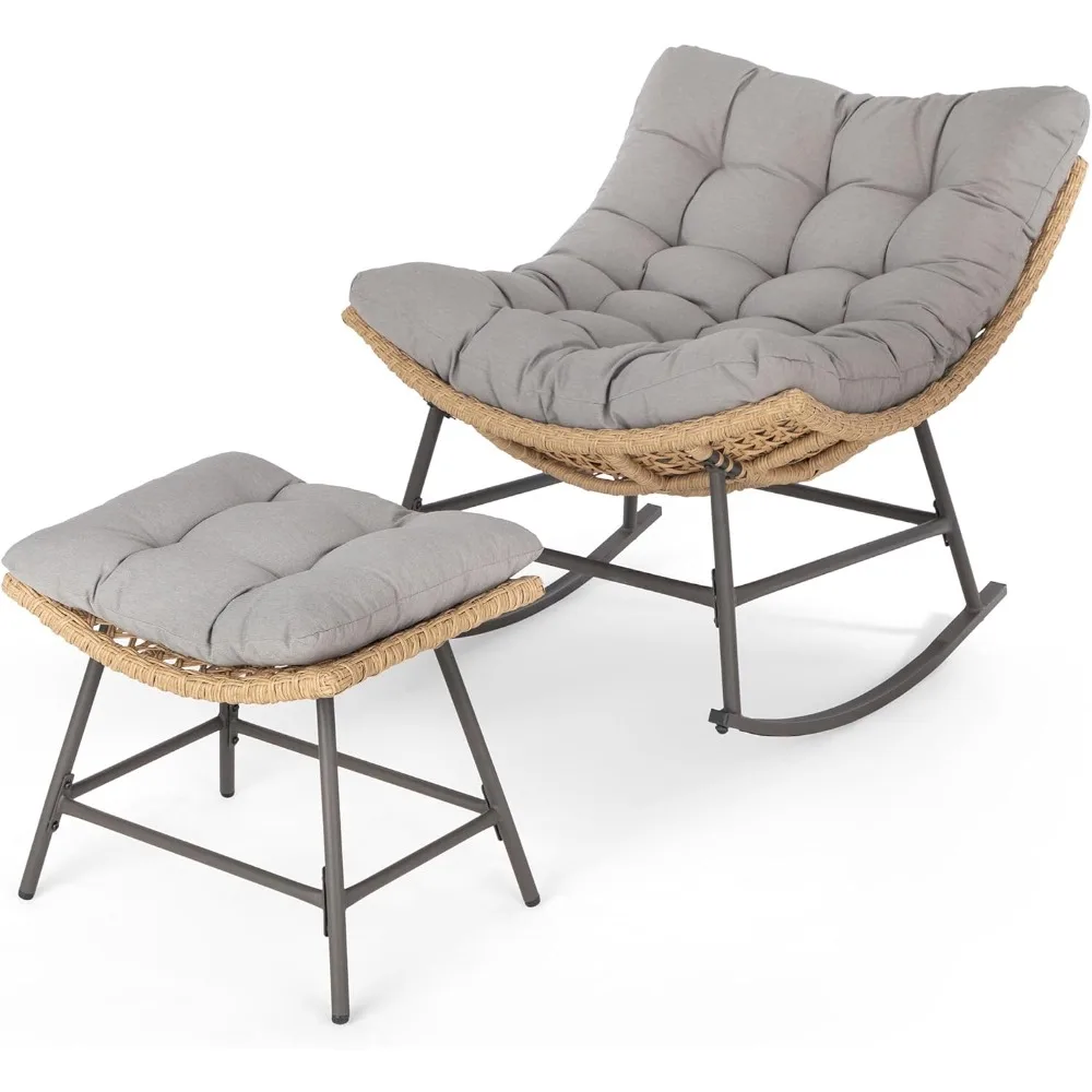 

Outdoor Egg Patio Rock Chair with Ottoman, Oversized Papasan Rattan Rocking Lounge Chair with Foot Rest, Patio Wicker Egg Readi