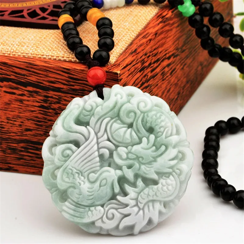 

Natural A Cargo Emerald Handmade Carving Dragon and Phoenix Pendant Fashion Boutique Jewelry Couple Jade Necklace