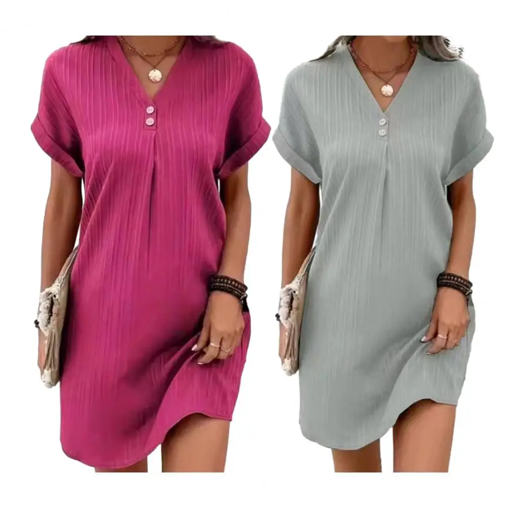 2025 Summer Women's Loose T-Shirt Dress Ladies V Neck Short Sleeve Beach Tunic Dress Sundress Button Down Elegant Mini Dress