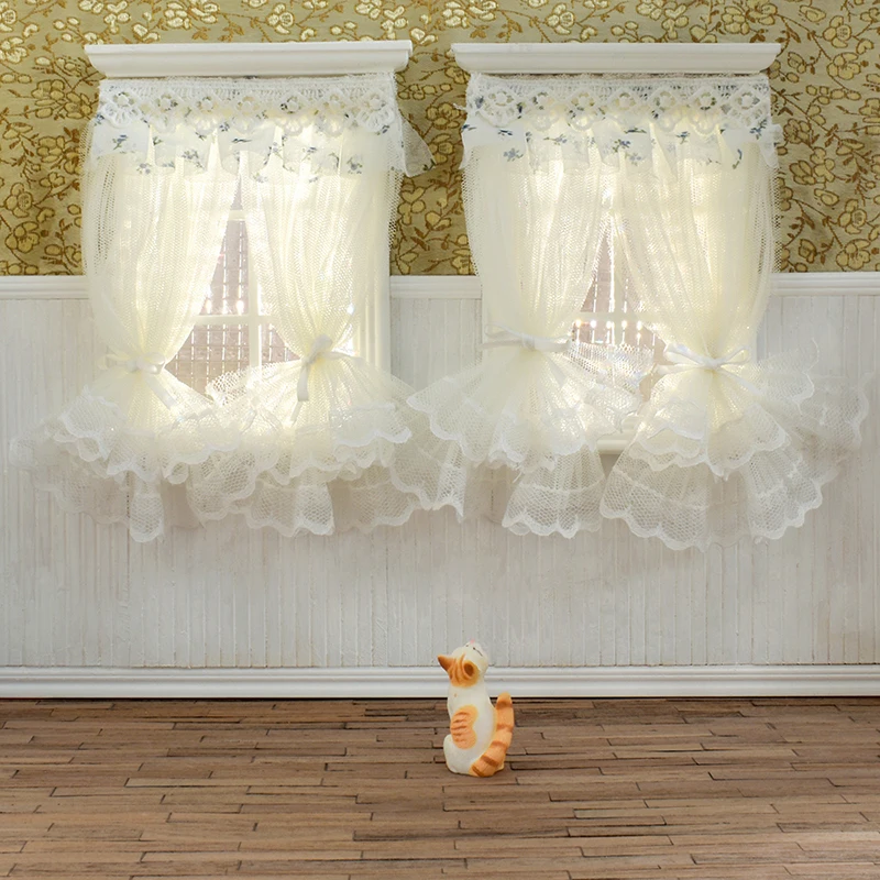 1/12 Dollhouse Lace Window Curtain Dollhouse Mini Bedroom Furniture Accessories Dolls House Decoration For Kid Toys