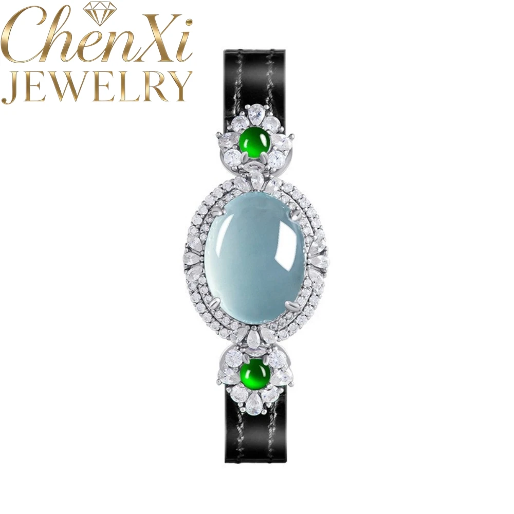 High-End Natural A-Grade Blue Water Jadeite Cabochon Wristband Luxury Stylish Women Jade Watch-Style Accessory Fine Jewelry Gift