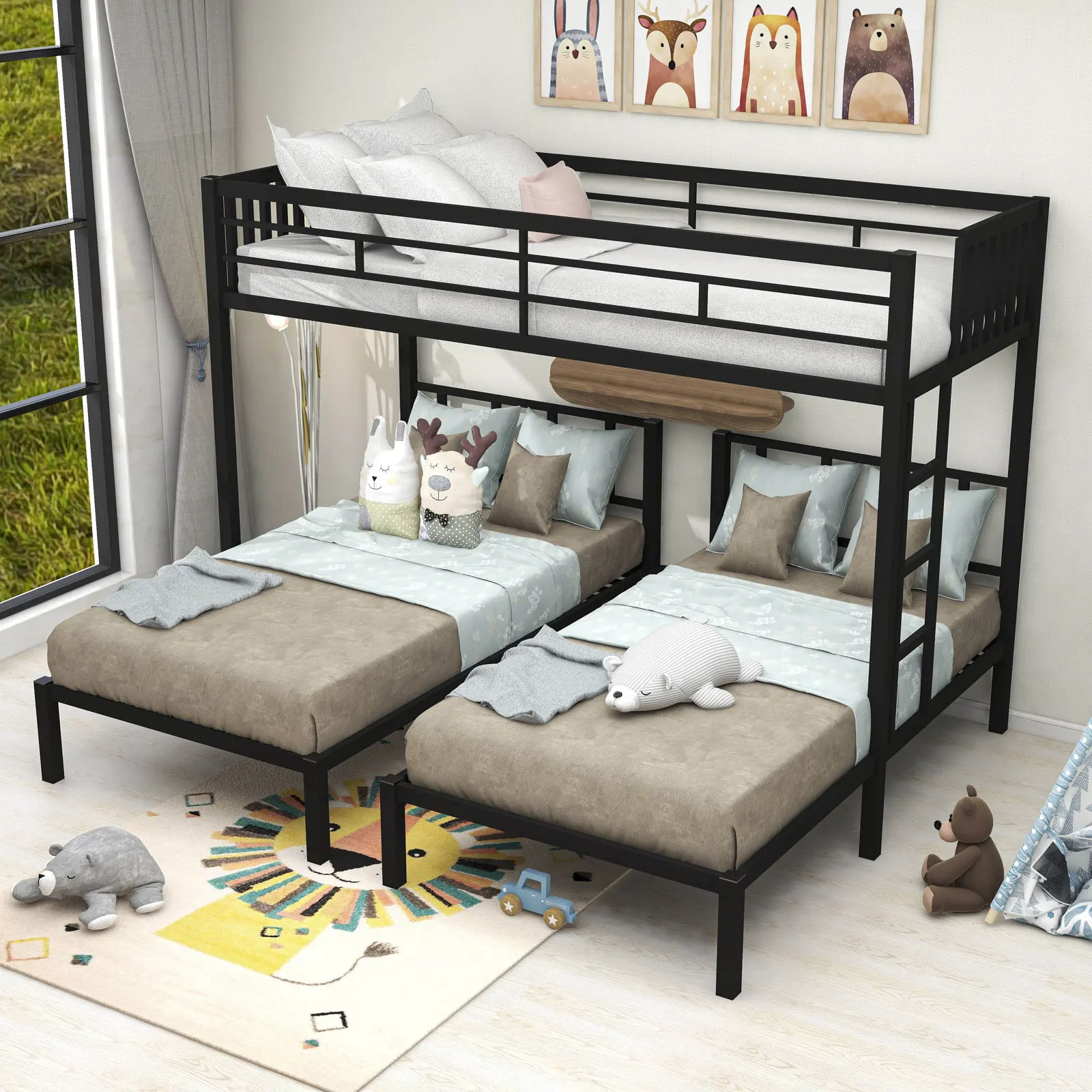 Kainice Children Metal Bunk Beds Frame Wooden and MDF Bunk Platform Bed Room Furniture Bedroom Set Modern Bed Frame