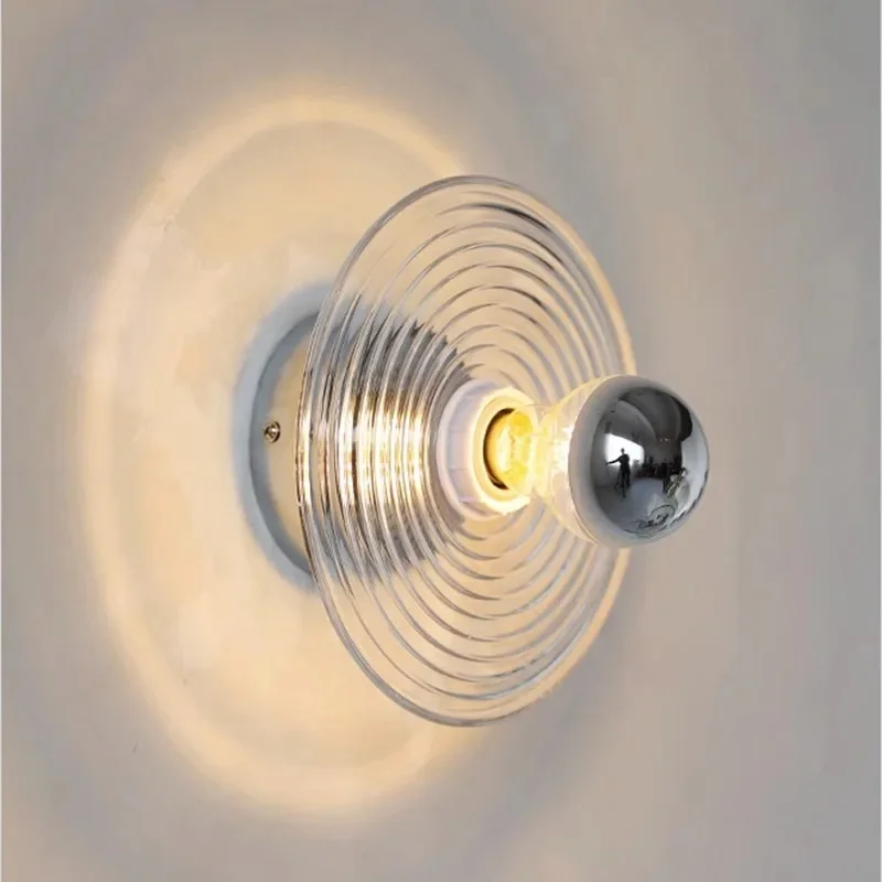 Light Blue Ribbed Glass Wall Sconce Retro Concave Shape Wall Lamp Bedroom Bedside Cafe Indoor Decor Wall Light