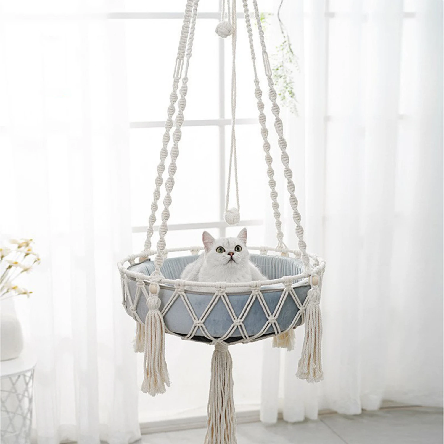 Tassel Cat Hammock Hanging Cat Bed Pet Hammock Cat Swing Indoor and Outdoor Home Decor Indoor Hanging Cage Pet Supplies