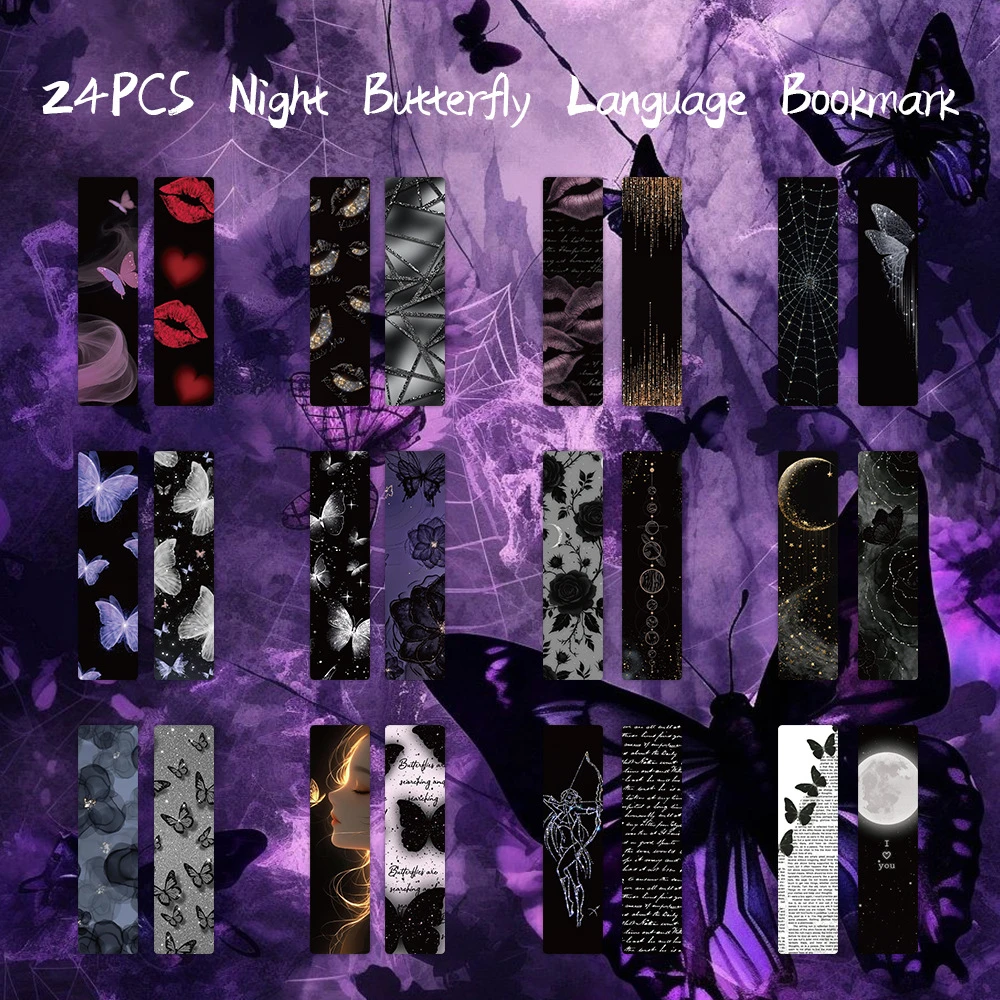 24PCS Night Butterfly Language Paper Bookmark Night Butterfly Light Language Romantic Novel Reading Atmosphere Record Desk
