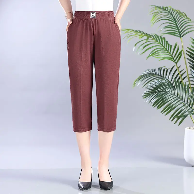 Summer Women Clothes Solid Casual Capris Pants Elastic Waist Pockets Fashion Versatile Korean Female Clothing Thin Slim Trousers