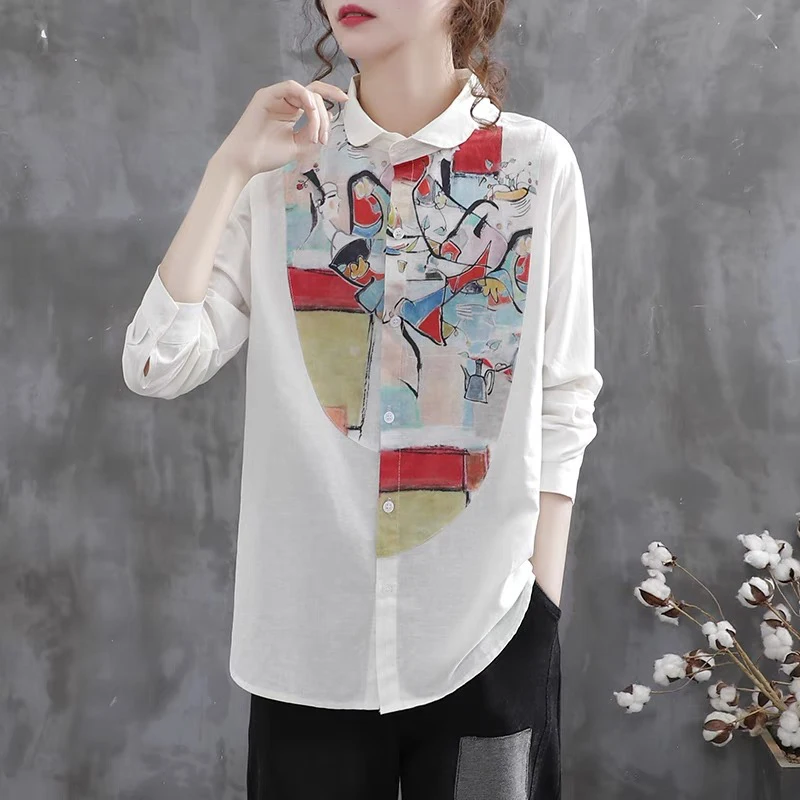

Retro Faion Asymmetrical Color Blo Print Cotton Linen Women's irt Spring Loose Collar Long Sve Ele Versatile Top