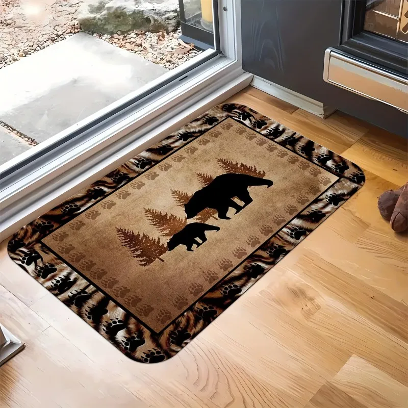 Rustic Bear Pattern Welcome Mat Anti-Slip Carpet for Bathroom Kitchen Bedroom Living Room Entrance Rug Home Decor Doormat