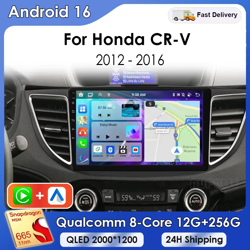 Rádio Automotivo Android 16 para Honda CRV CR-V 4 RM RE 2011 2012 2016 2018, Multimídia Android com Carplay, Reprodutor de Vídeo, Navegação, WIFI e 4G