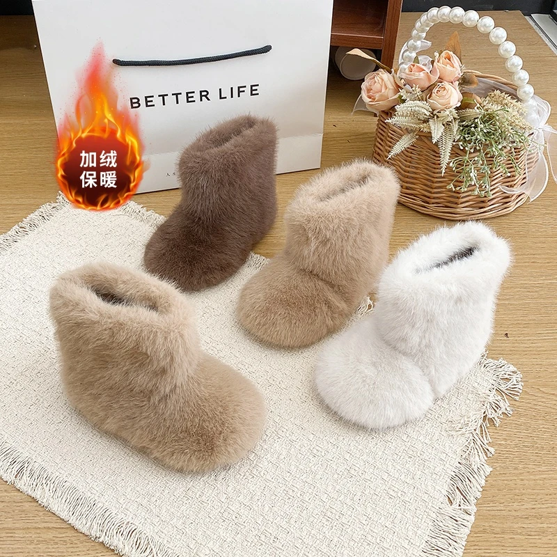 Luxury Thick Fur Boots Kid Girl Fluffy Warm Plush Booties Child 2025 Winter New Round Toe Slip-on Outdoor Cotton Shoe Size 23-34