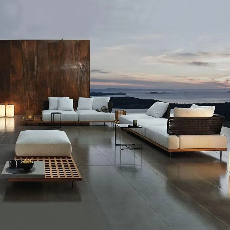 

qw-Outdoor Sofa Patio Villa Terrace Furniture Teak Waterproof Outdoor Garden Outdoor Balcony Rattan Chair Sofa Combination%