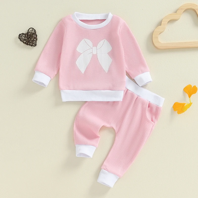 2024-05-29 Lioraitiin Toddler Girl Fall Outfits Bowknot Print Crew Neck Long Sleeve Waffle Sweatshirts and Long Pants 2Pcs Set