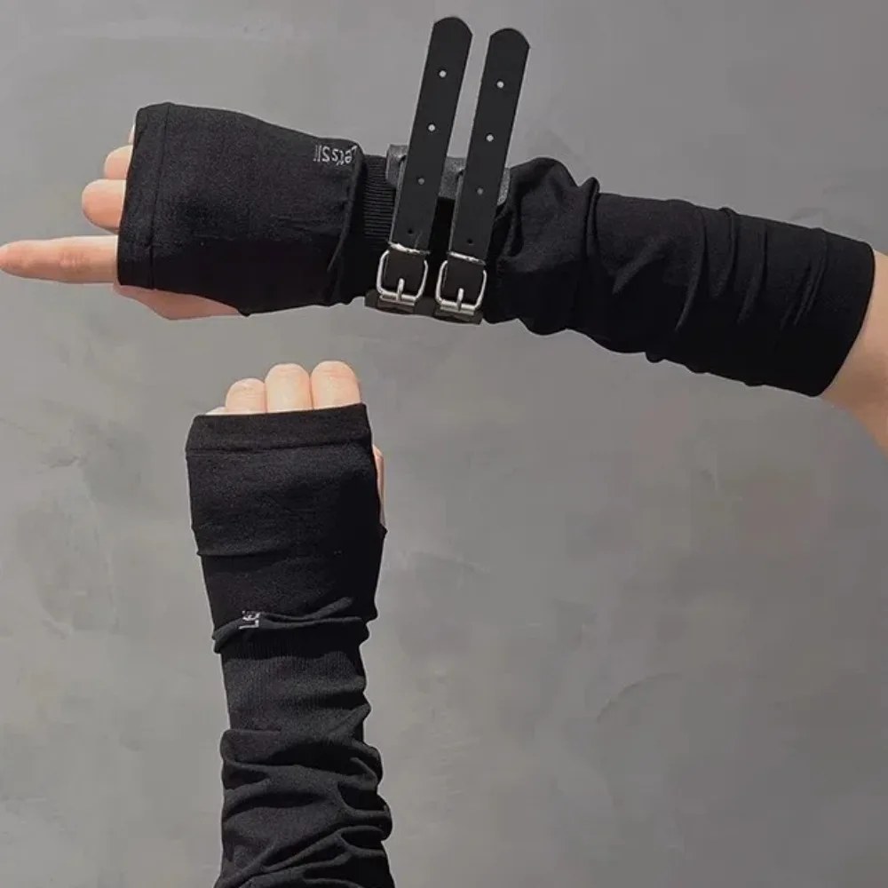 

UV Protection Gothic Punk Black Arm Cover Hip-hop Spandex Ice Silk Finger Sleeves Breathable Half Finger Y2K PU Wristband Girls