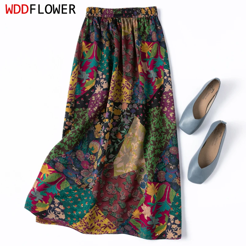 

Women Silk Skirt 100% Mulberry Silk Gambiered Guangdong Silk Fit Type Colorful Floral Printed Midi Skirt Summer M1438