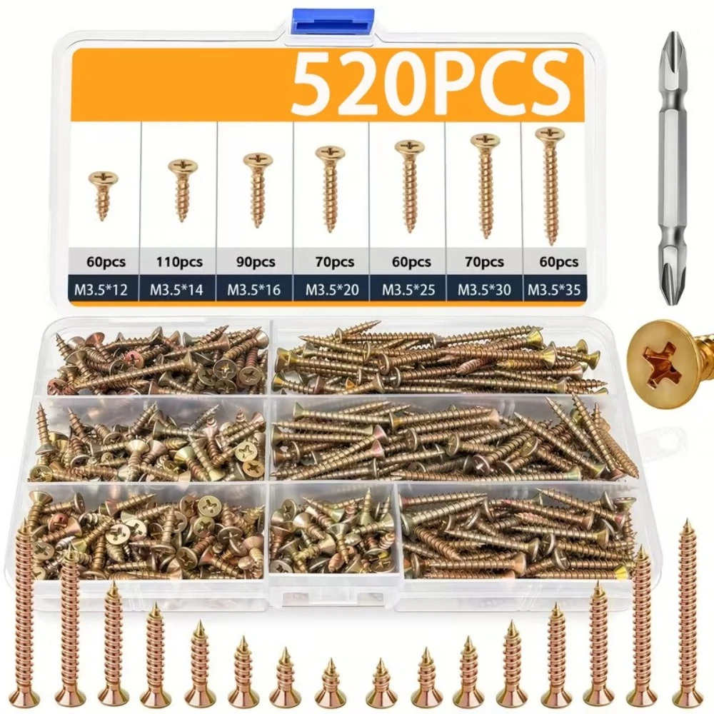 

520pcs M3.5 Carbon Steel Wood Screw Coarse Thread Phillips Drive Bugle Head Yellow Zinc Drywall Screw Assortment Drywall Nails