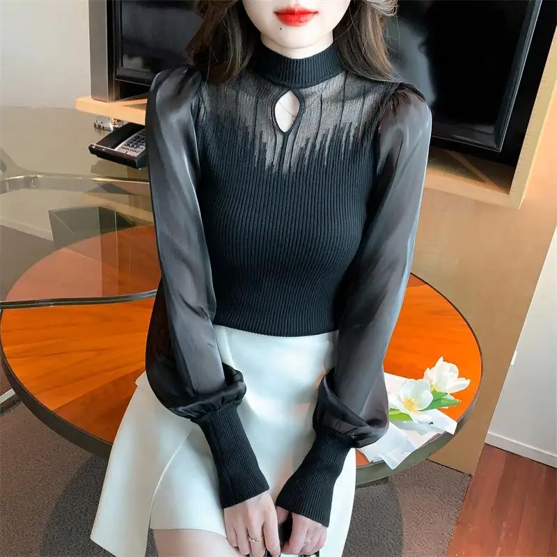 Korean Fashion Slim Solid Color T-Shirts Patchwork Hollow Out O-neck Pullovers Long Sleeve Sexy Temperament Women's Clothing