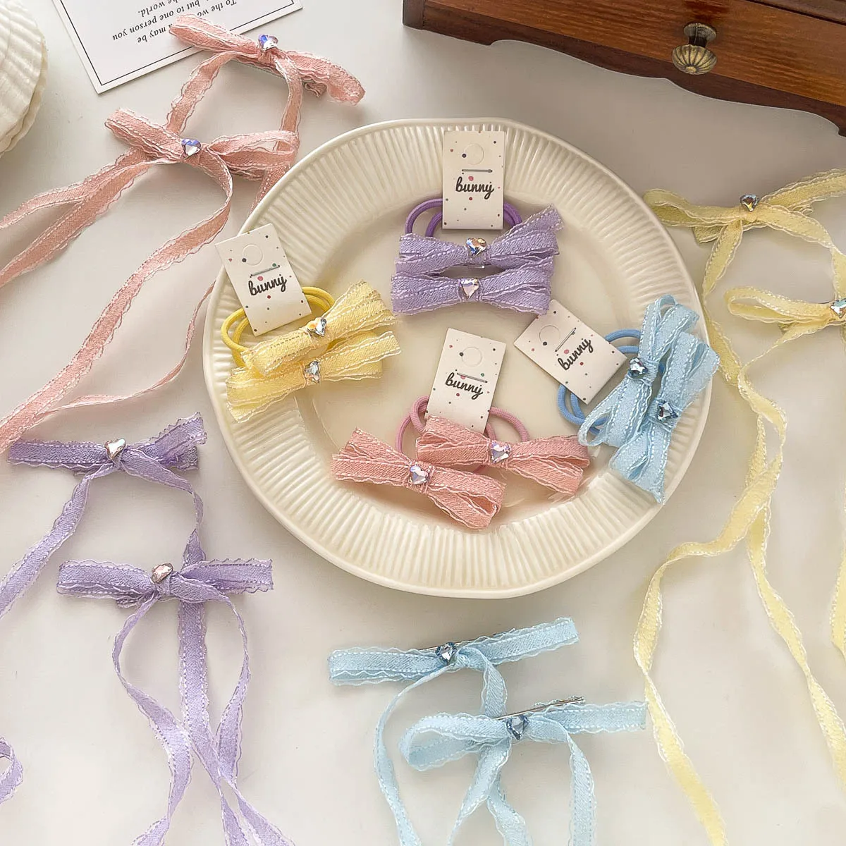 2pcs Love Diamond Streamer Bow Hairpin Elastic Hair Band Girl Ponytail Holder Rubber Band Bangs Side Clip Kids Hair Accessories