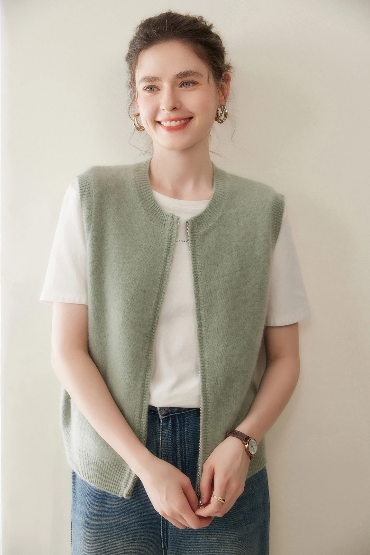 여성용 가을 겨울 100% 캐시미어 두꺼운 O넥 민소매 가디건 베스트 캐주얼 부드러운 두꺼운 니트 스웨터 다용도 탑