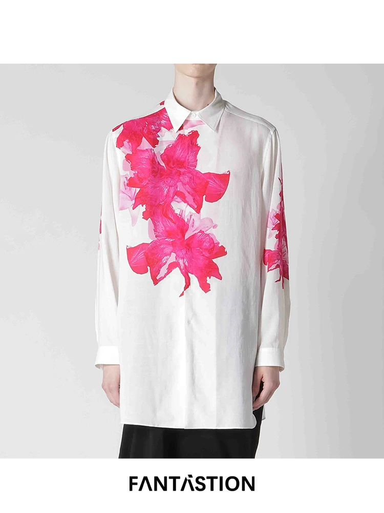 

FANTASTION Original Design Red flower print shirt chic Unisex Long sleeves casual daily Oversized shirts
