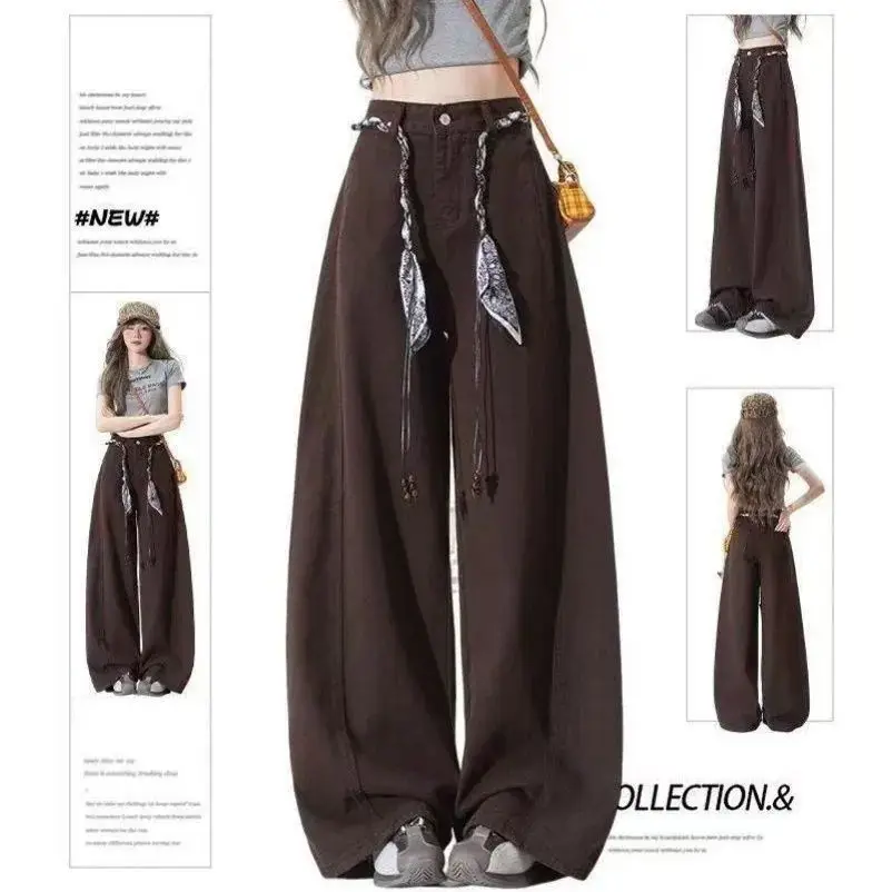 Vintage Brown Patchwork Jeans Women Streetwear High Waist Loose Plaid Denim Pants Y2K Retro Korean Zipper Wide Leg Trouser New