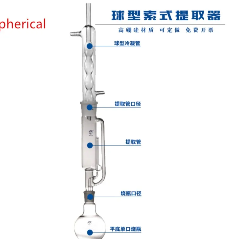 60/150ml Glass soxhlet extractor body Allihn condenser Spherical/Serpentine shape condenser Flat Bottom Flasks Lipid Extraction