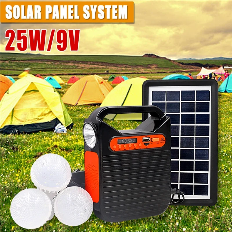 Protable Solar Light USB Charger FM Blutooth Radio Solar Panel Power Generator Kit + 3 LED Bulb Emergency Outdoor Camping Light