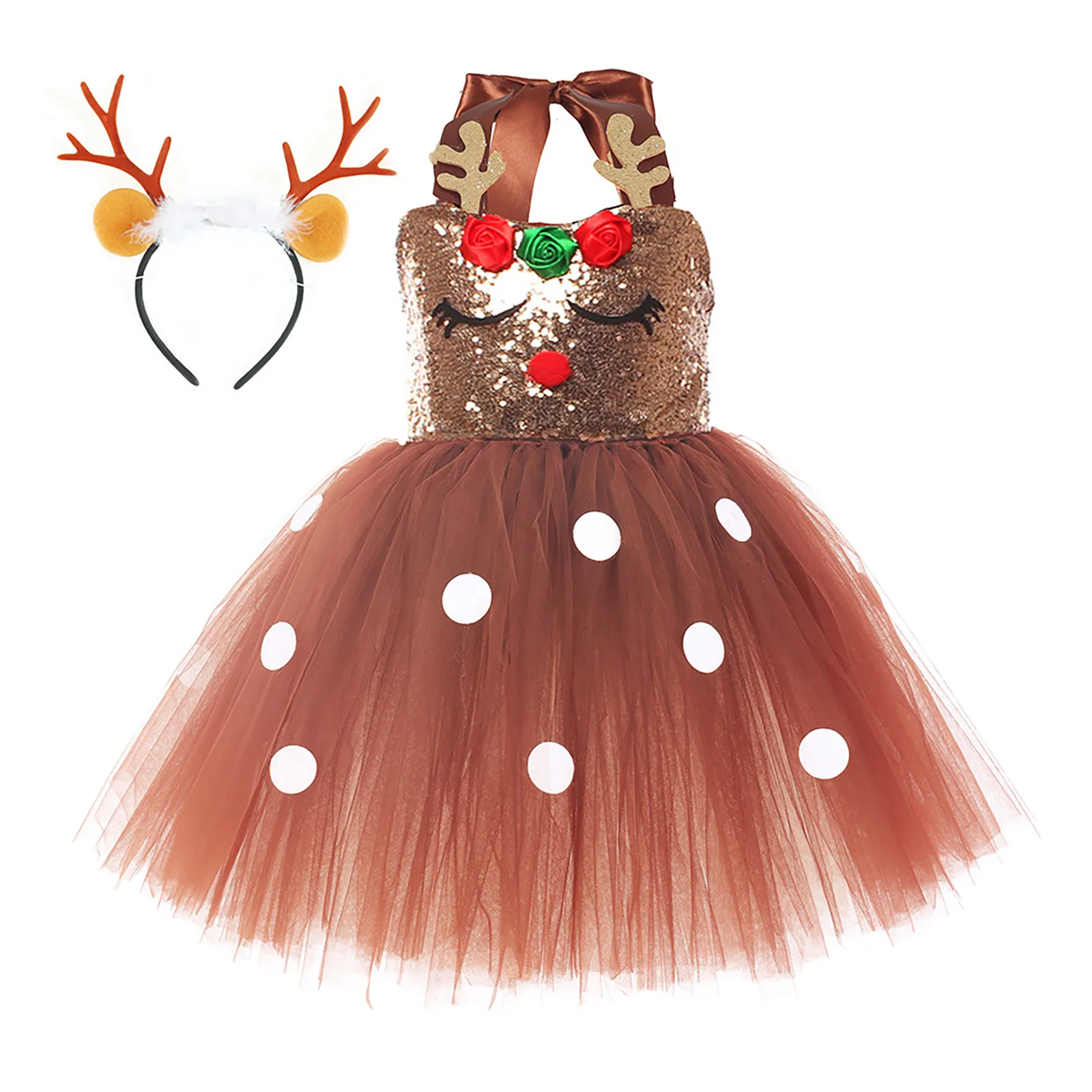 

2Pcs Kids Girls Christmas Reindeer Costume Halter Neck Sleeveless Sequins Tutu Dress with Deer Hair Hoop for Role Play Party