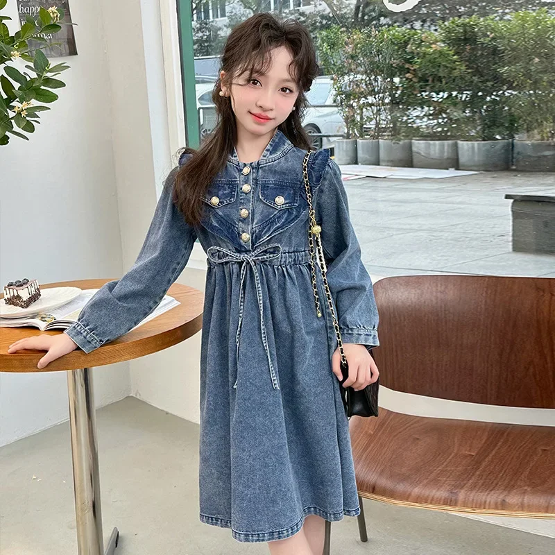 Girl's denim dress for spring and autumn 2024 with embedded rope stand up collar, girl's stylish long sleeved princess dress