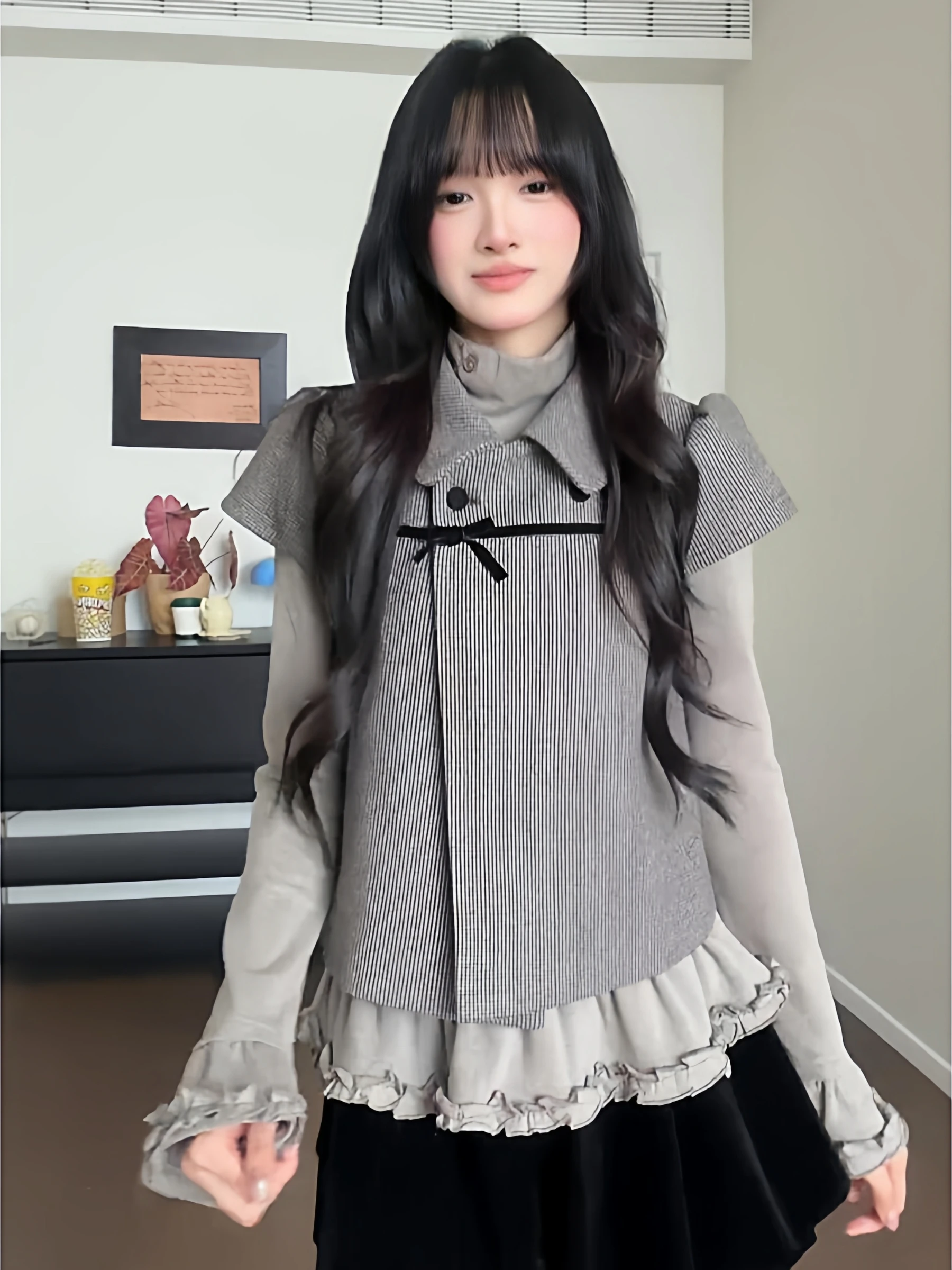 

Large Size Korean Style Neck Open Cardigan Top Gray Base Wave Set Knot Plaid Warm Long Sleeve Winter Fashion