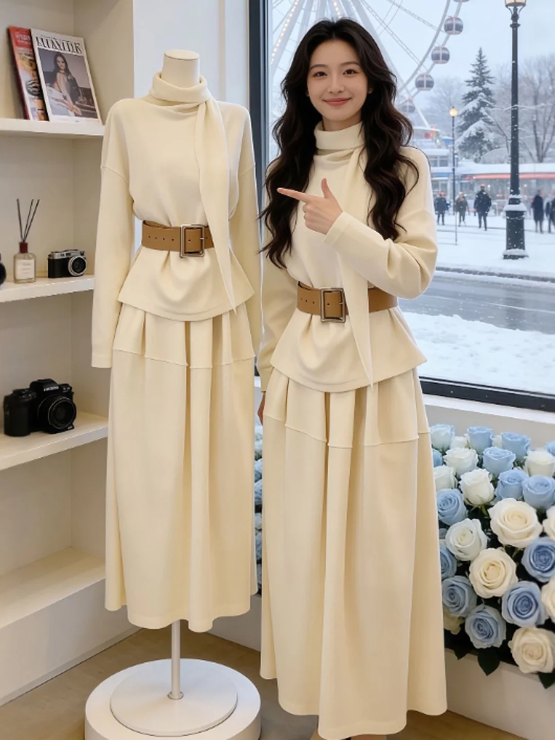 

Korean Style Soft Knitted Sweater And Half Skirt Two-Piece Set Complete OOTD Spring 2026 Comfortable Long Sleeve High Collar
