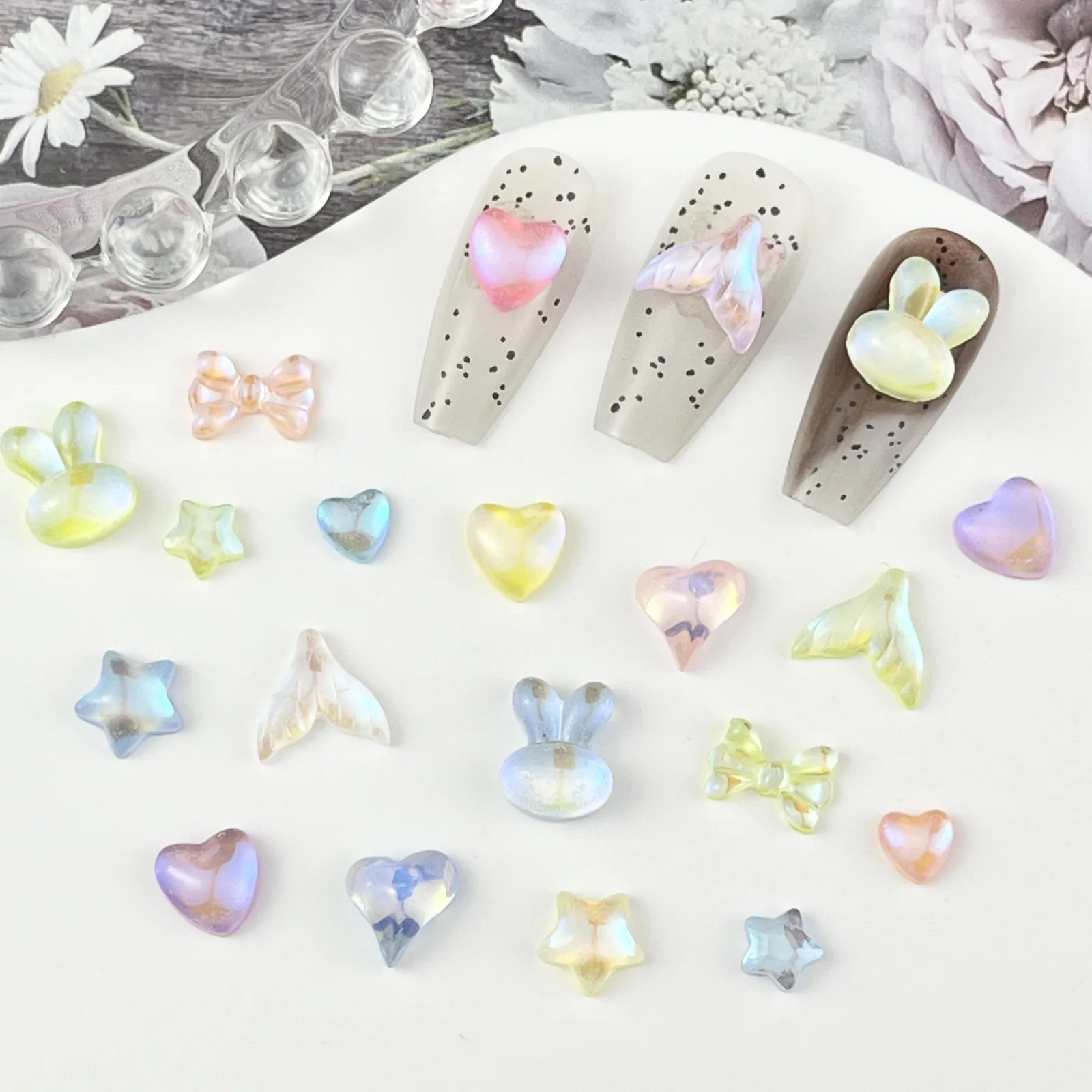 50pcs miniso tranparent  star heart cartoon nail charms for diy nail making kawaii cute resin nail art decoreation