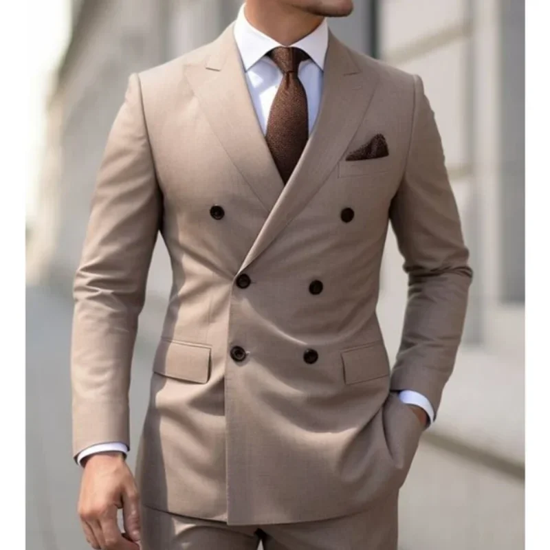 

2 piece jacket Pants Men's suit Travel Business Double breasted peaked lapel casual men's suit